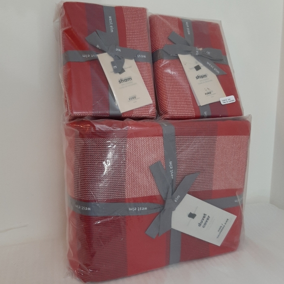 *West Elm Modern Plaid King Duvet Cover & 2 Euro Shams - Picture 7 of 11